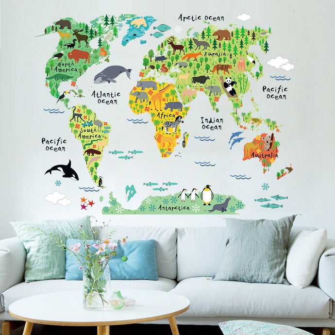 Kids Educational Animal World Map Wall Sticker Decals - shopourstock